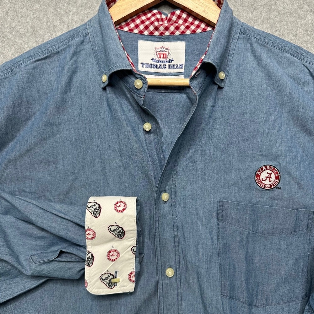 Thomas Dean Alabama Crimson Tide Mens Large Blue Chambray Button Down Shirt L